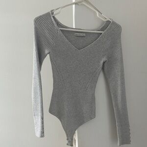 Abercrombie Light Gray Ribbed V-Neck Bodysuit